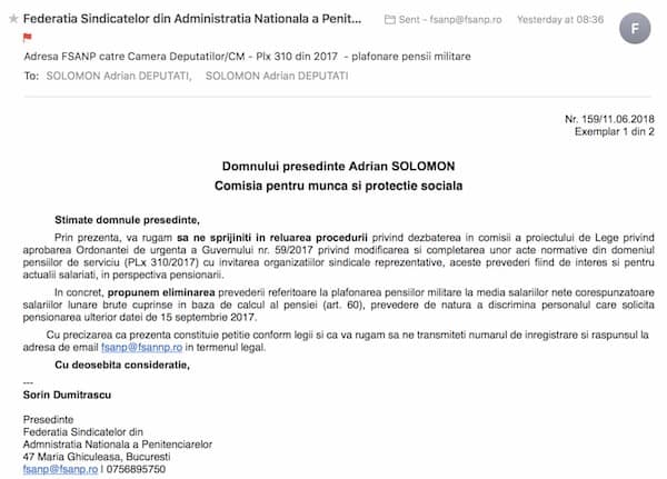 Adresa FSANP catre Camera Deputatilor/CM - Plx 310 din 2017 - plafonare pensii militare