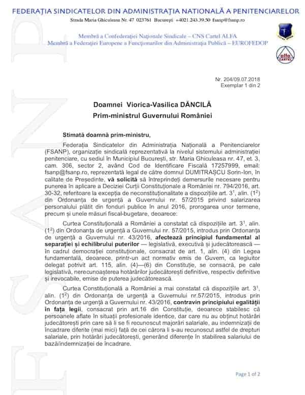 Adresa FSANP punere in aplicare Decizie CCR 794 din 2016 - OUG 57 din 2015 (salarizare la nivelul maxim al functiei)