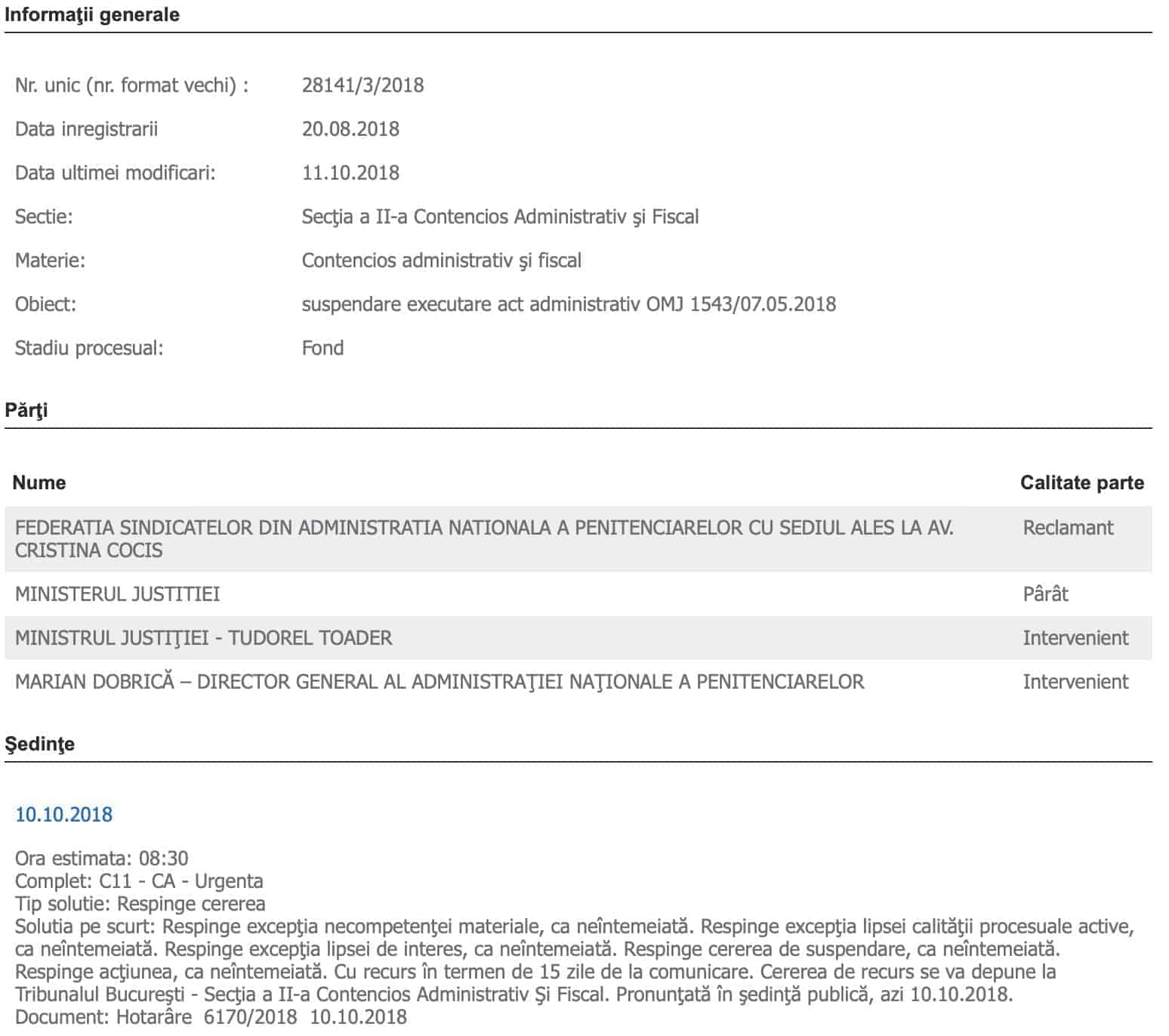 Dosar 28141:3:2018 - suspendare executare act administrativ OMJ 1543:07.05.2018