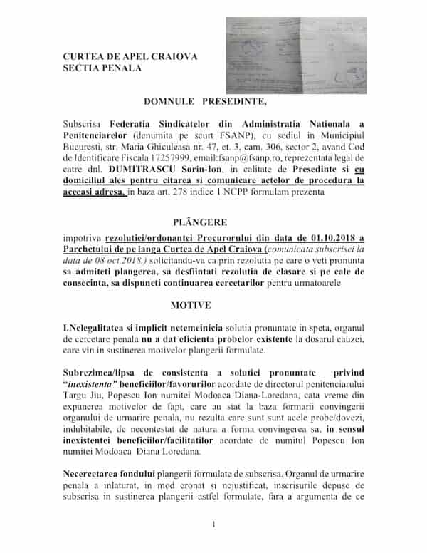 Plangere rezolutie clasare plangere Popescu Ion - mita mascata in sponsorizari - Penitenciarul Targu Jiu