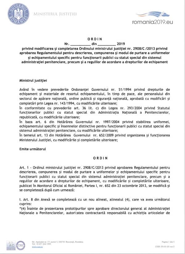 Ordinul privind uniformele si echipamentul agentilor si ofiterilor de penitenciare, propunere de modificare