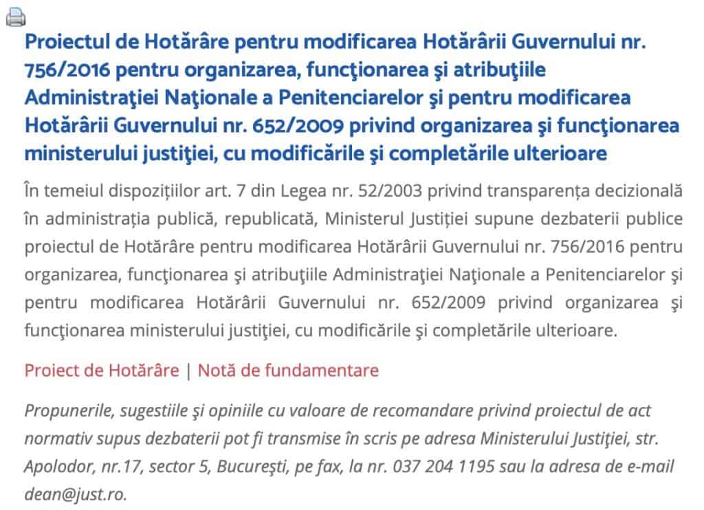 Proiectul de Hotarare pentru modificarea Hotararii Guvernului nr. 756/2016 pentru organizarea, functionarea si atributiile Administratiei Nationale a Penitenciarelor