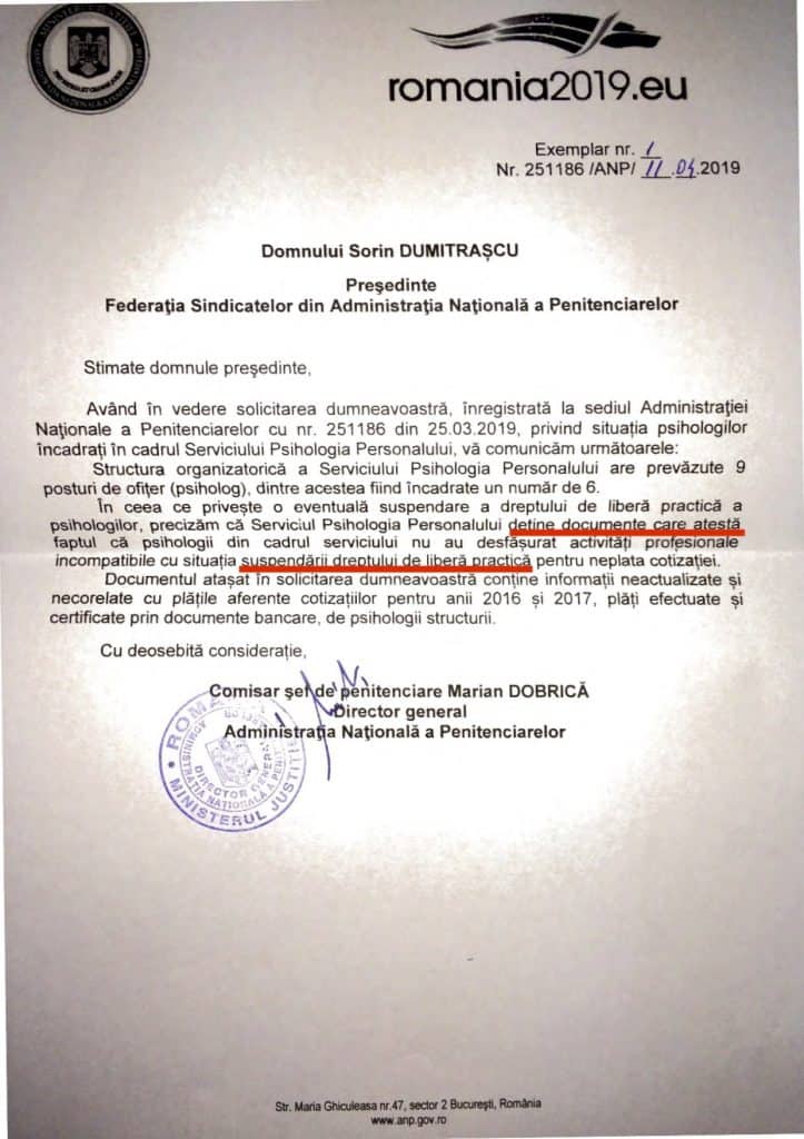 Raspuns solicitare privind situatia psihologilor incadrati in cadrul Serviciului Psihologia Personalului