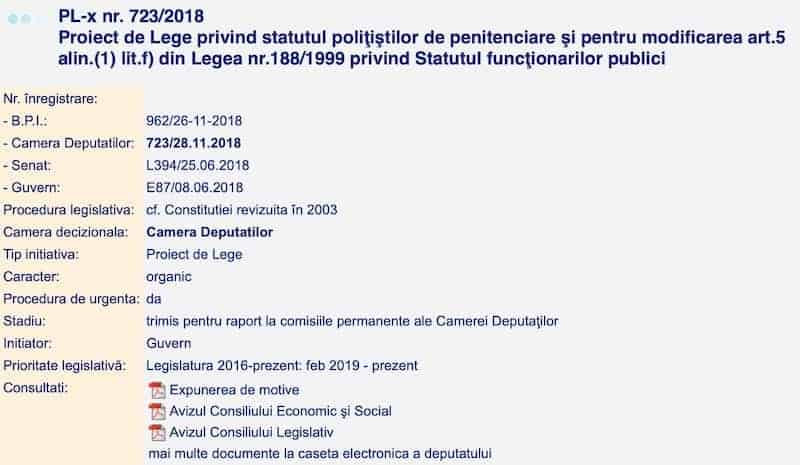 PL-x nr. 723/2018 - Proiect de Lege privind statutul politistilor de penitenciare si pentru modificarea art.5 alin.(1) lit.f) din Legea nr.188:1999 privind Statutul functionarilor publici